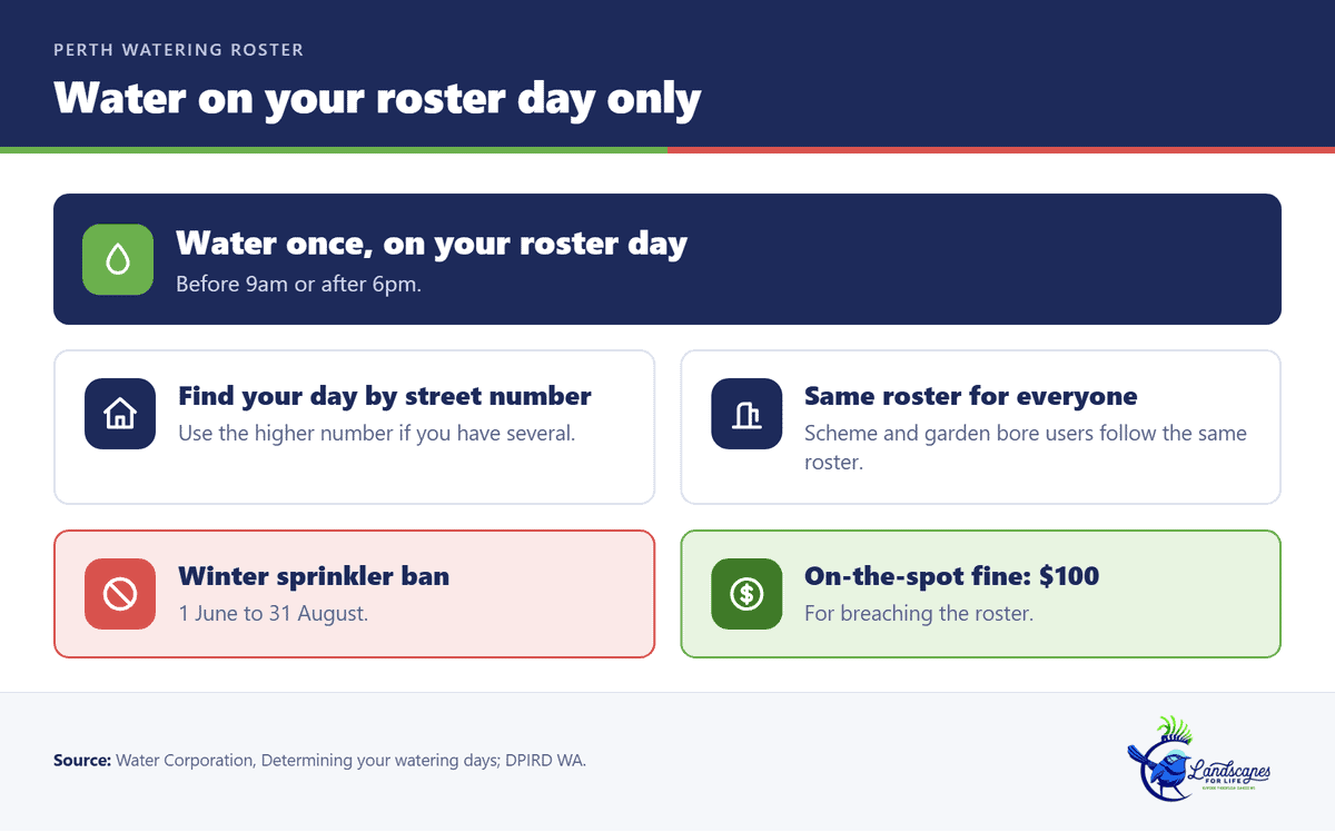 Perth watering roster card: water once on your roster day before 9am or after 6pm, with a winter sprinkler ban from 1 June to 31 August and a $100 fine