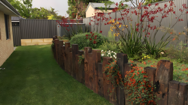 Healthy lawn in a Perth backyard with a limestone path and native shrubs, installed by Landscapes For Life