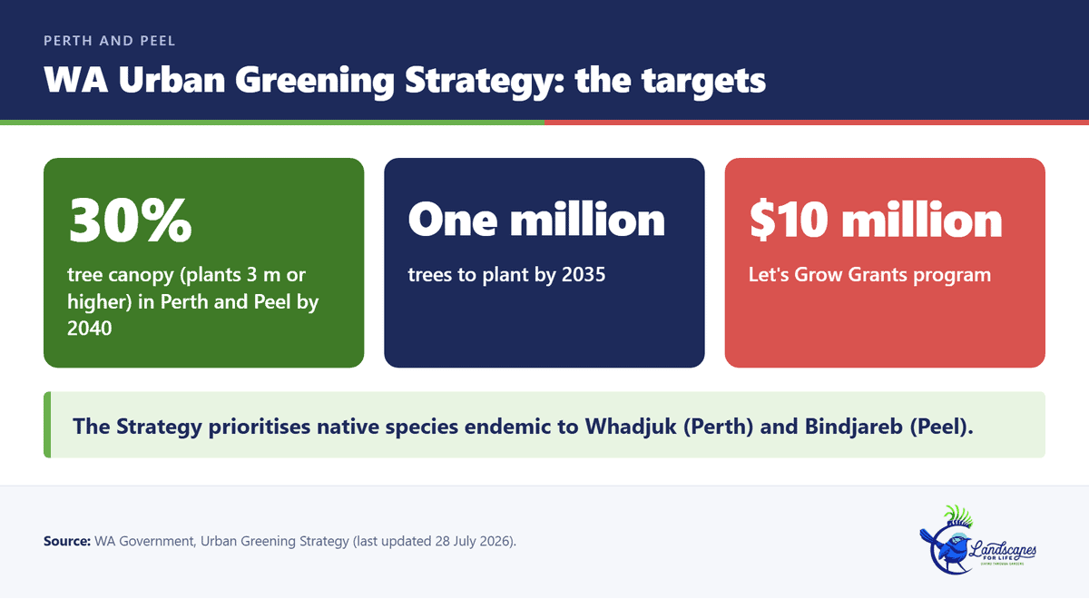 Infographic with the WA Urban Greening Strategy targets: 30 per cent tree canopy by 2040, one million trees by 2035 and a $10 million grants program