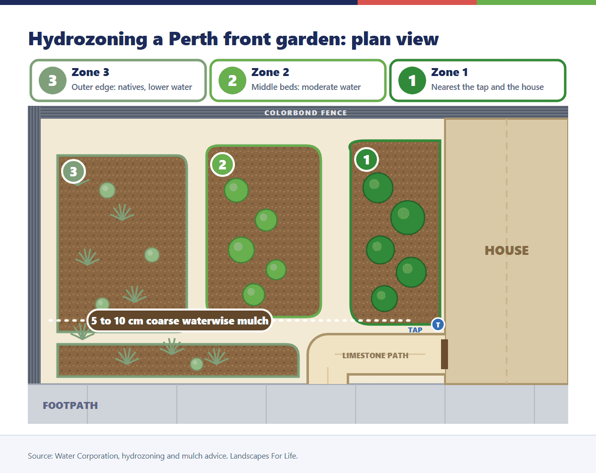 Plan of a Perth front garden split into three planting zones by water need, with a mulched bed and a path to the door