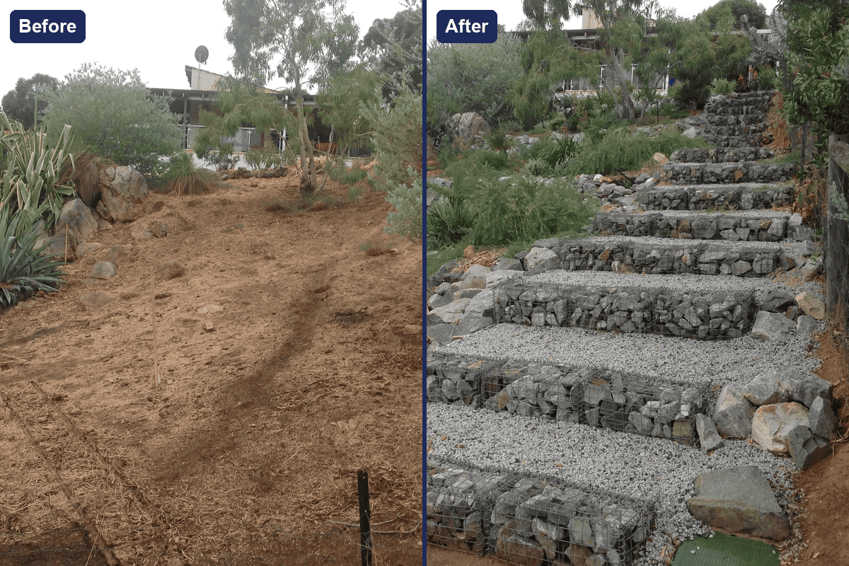 Before and after photos of a sloping Perth garden renovated by Landscapes For Life, now with stone-filled steps