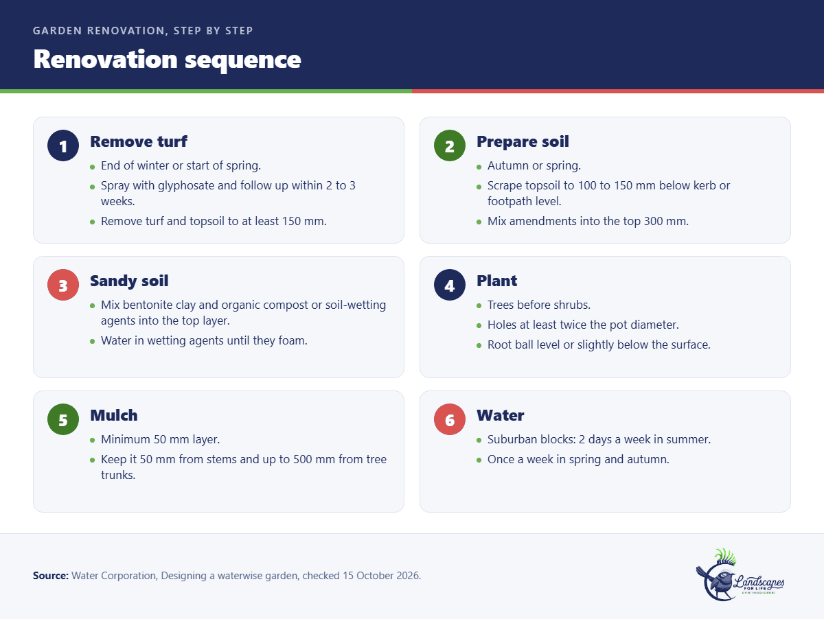 Six-step renovation sequence: remove turf, prepare soil, sandy soil fixes, planting, mulch to 50 mm, watering days