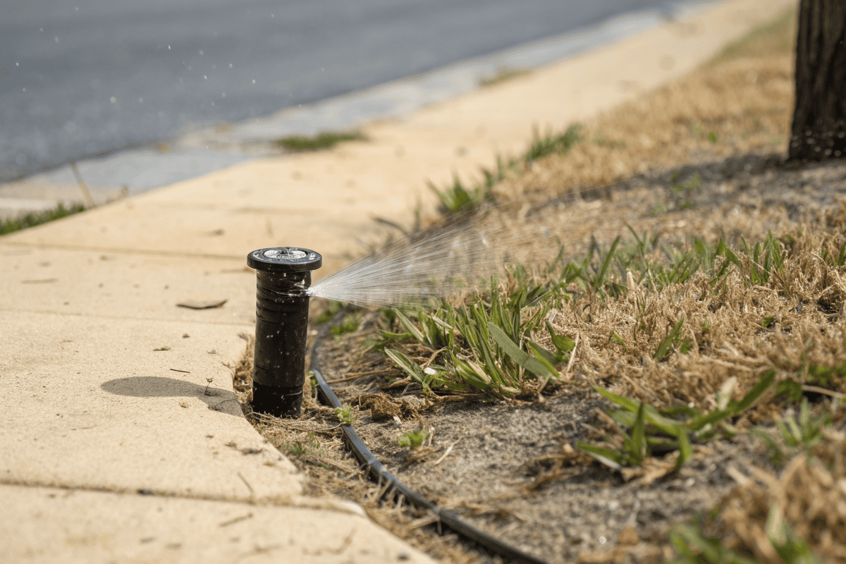Illustrative photo of a sprinkler head watering a sandy lawn edge in a Perth garden
