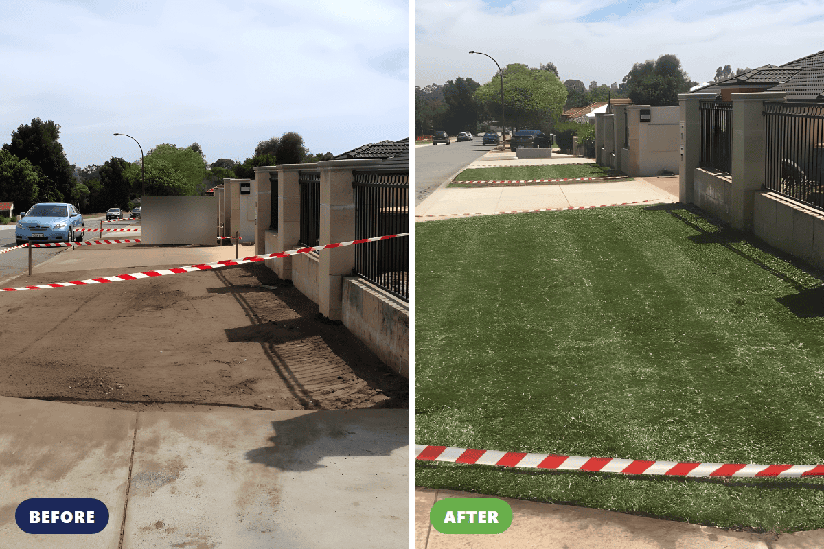 Before and after photos of a lawn installed by Landscapes For Life in Perth