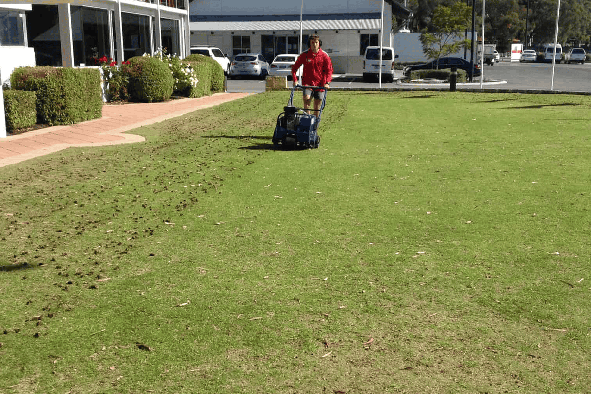 Landscapes For Life aerating a commercial lawn in Perth with a core aerator