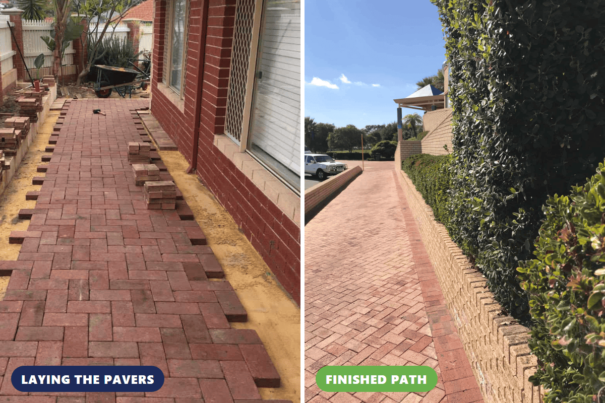 Laying herringbone pavers on a sand bed beside a house, and a finished brick-paved path with a hedge, two Landscapes For Life jobs in Perth