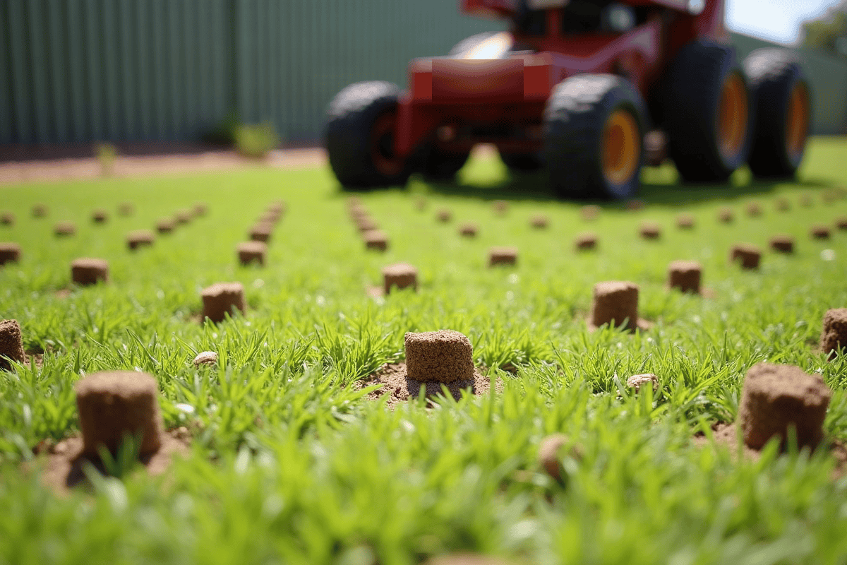 Core aeration plugs on a Perth lawn during spring lawn care