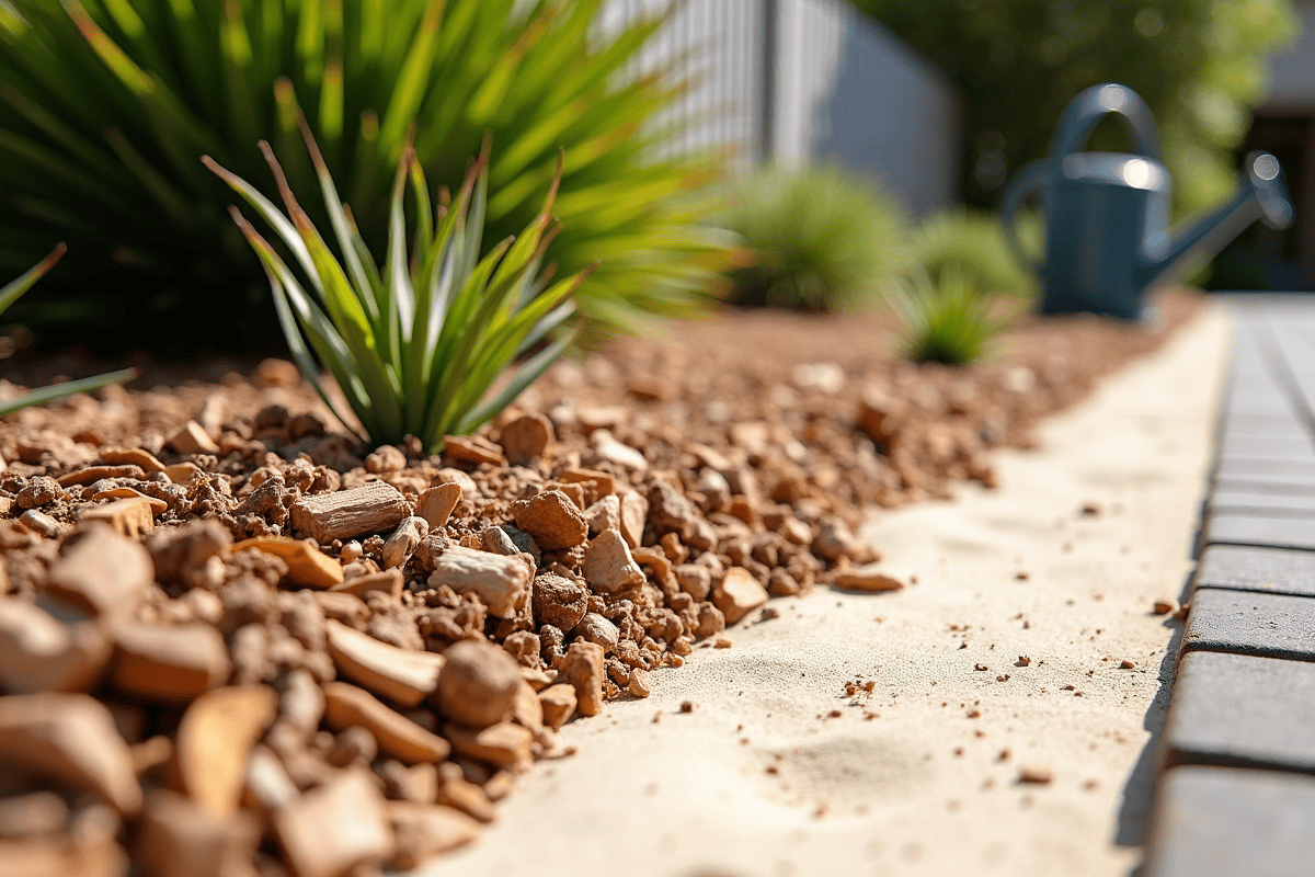 Garden bed with a thick layer of chunky mulch over pale Perth sand