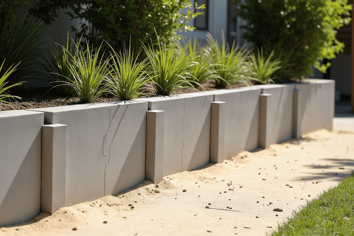 Concrete panel and post retaining wall with slimline posts in a Perth front garden