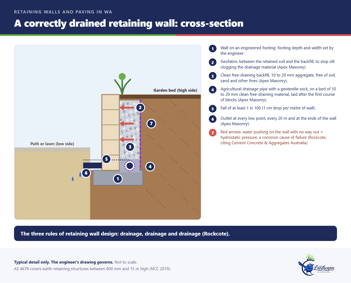 Cross-section of a retaining wall showing footing, geofabric, free-draining backfill, agricultural drain pipe with sock and outlet