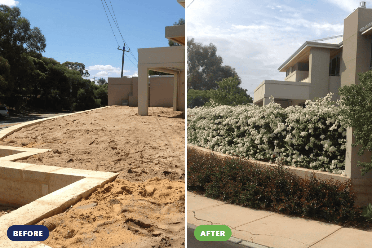 Before and after photos of a garden retaining wall project in Perth