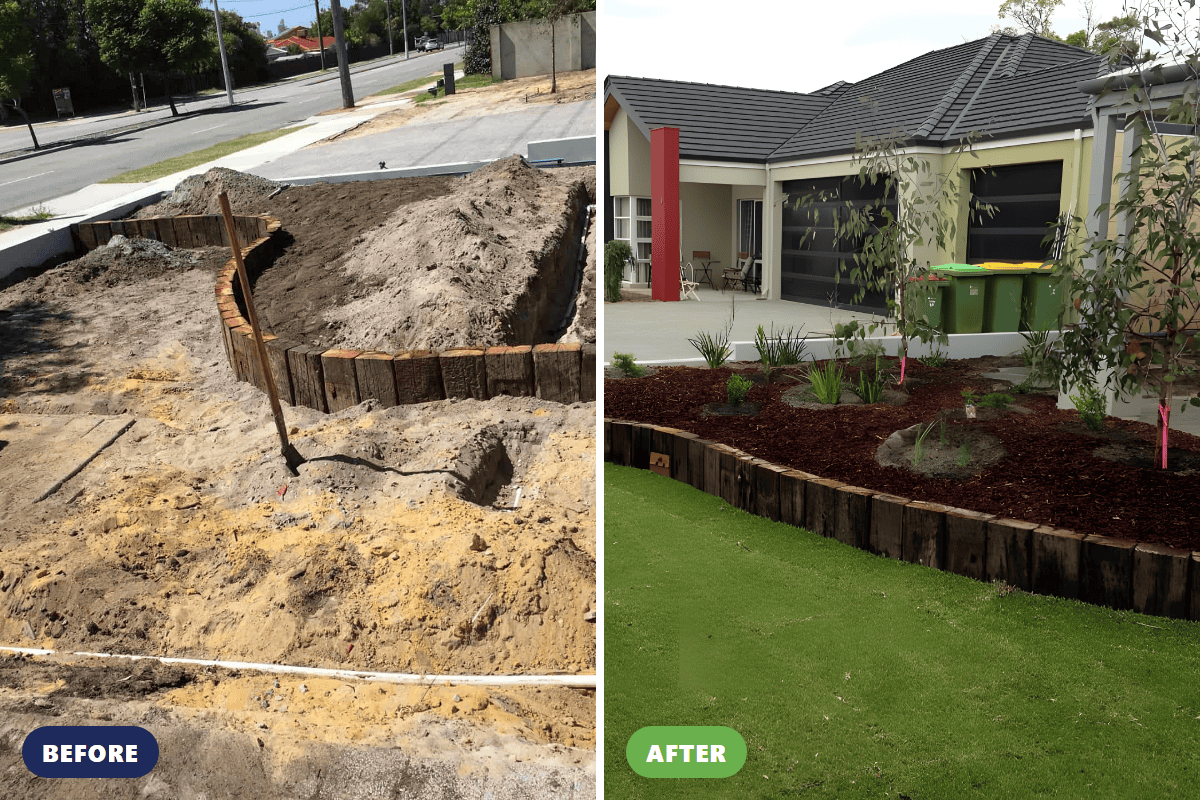 Before and after photos of a front garden bed with new reticulation by Landscapes For Life