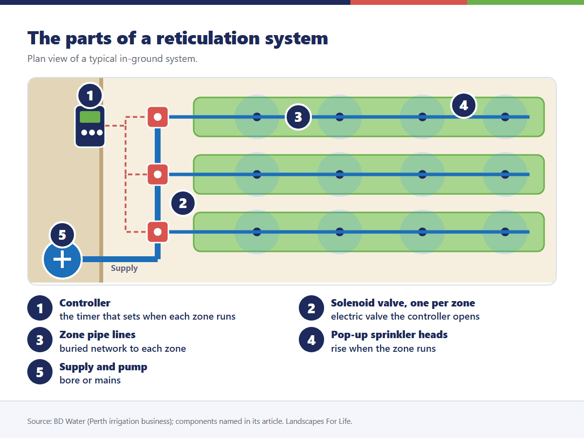 Labelled diagram of a Perth reticulation system with controller, solenoid valves, zone pipes, pop-up heads and supply