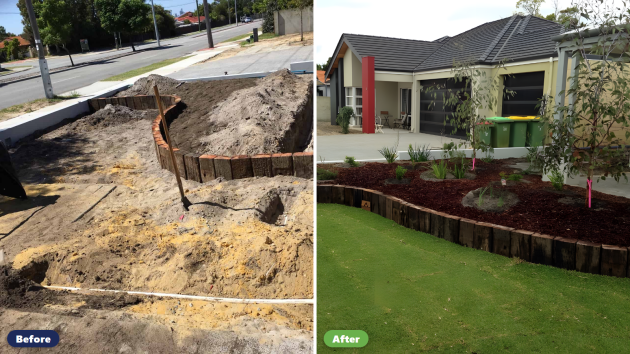 Before and after photos of a Perth front garden with a new in-ground reticulation system