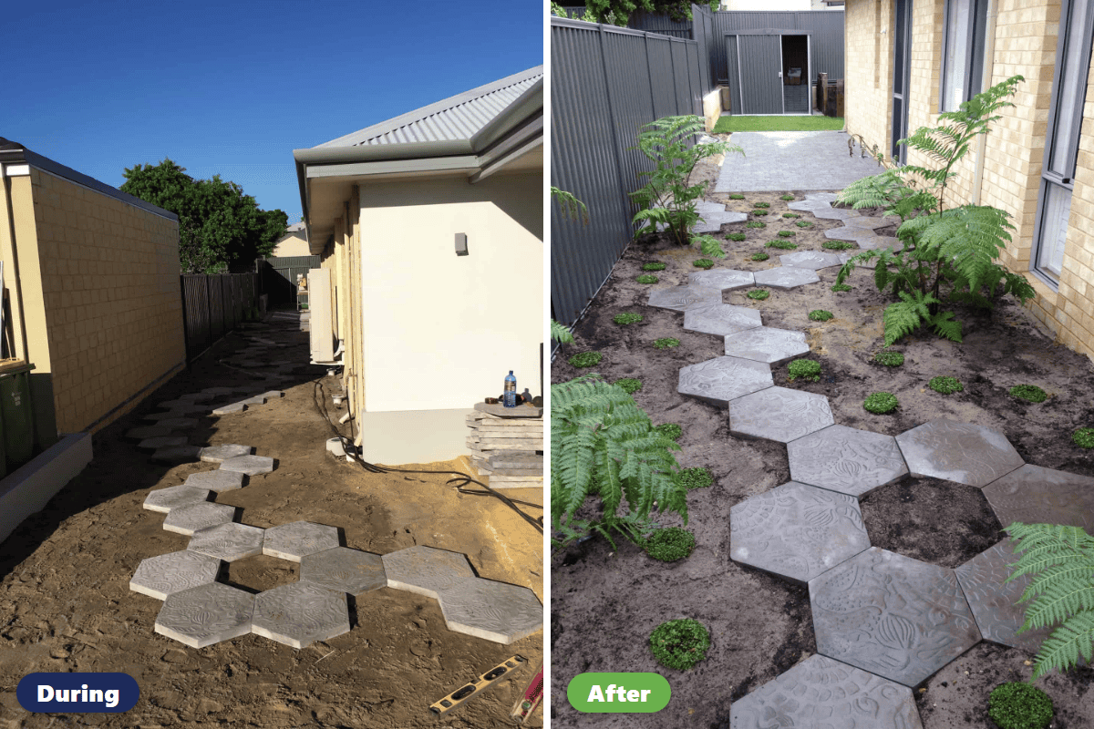 Before and after photos of a small Perth backyard re-zoned with paving, planting and a lawn strip