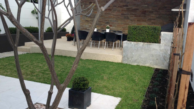 Small courtyard with a neat lawn square, a clipped hedge in a concrete planter and a covered outdoor dining area