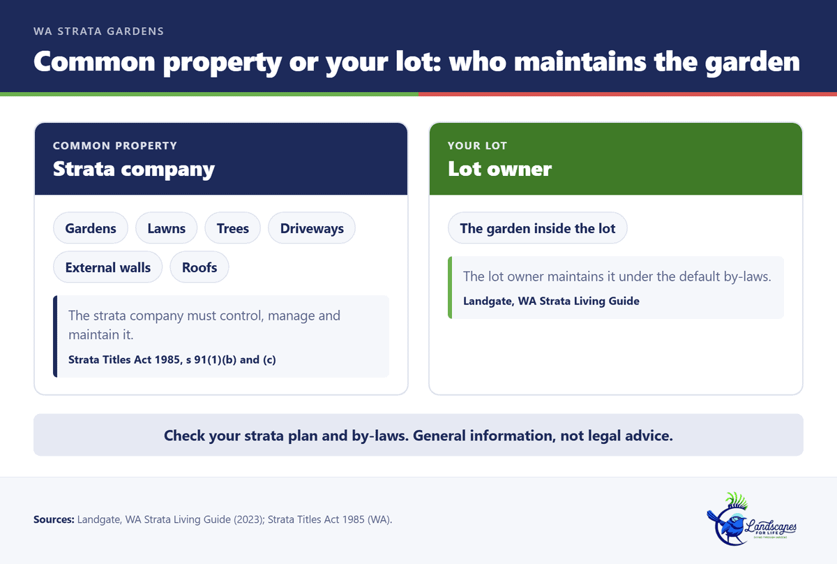 Diagram showing common property gardens are the strata company's responsibility and gardens inside a lot are the lot owner's