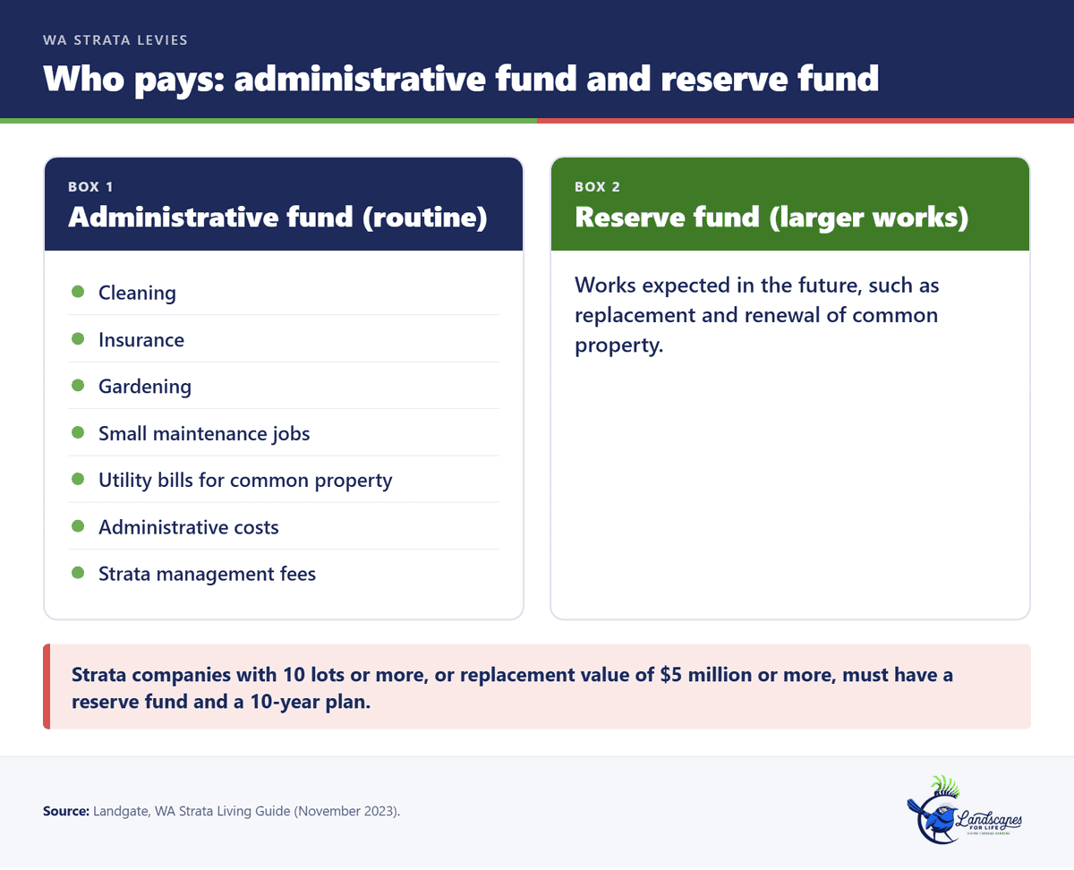 Infographic comparing the administrative fund for routine garden care with the reserve fund for larger works in a WA strata scheme