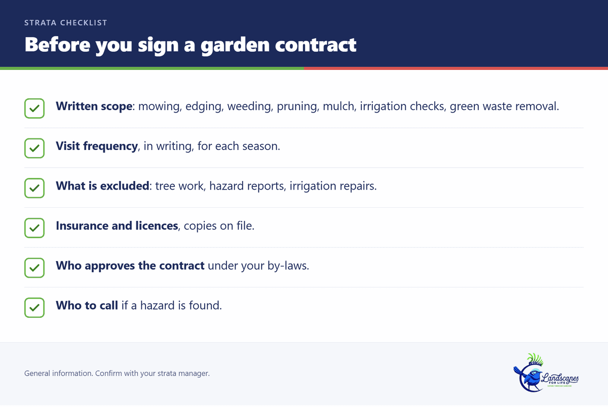 Checklist of what to confirm in writing before a strata garden maintenance contract is signed