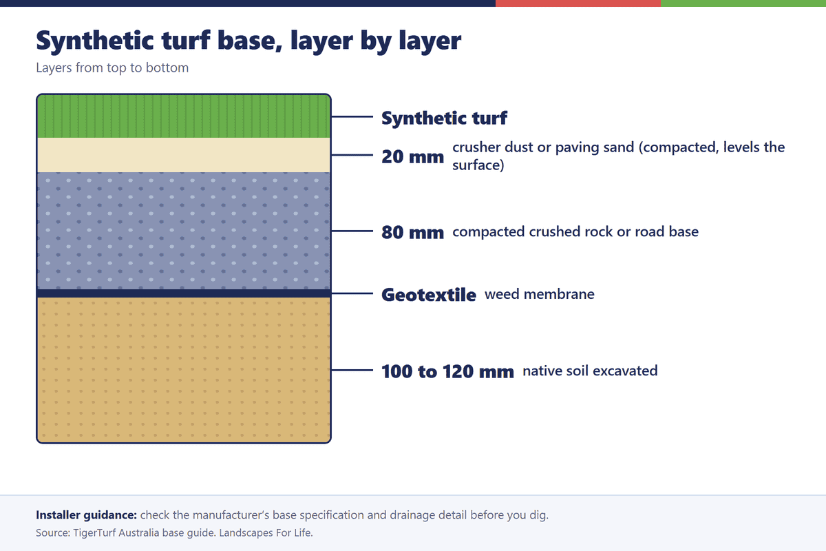 Cross-section of a synthetic turf base showing turf, 20 mm crusher dust, 80 mm compacted crushed rock and geotextile over excavated sand